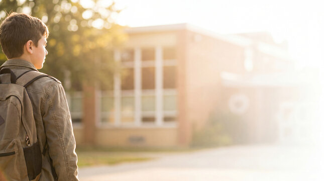 Teenage schoolboy with a backpack looking at the school building in the morning sun light, blurred background with copy space