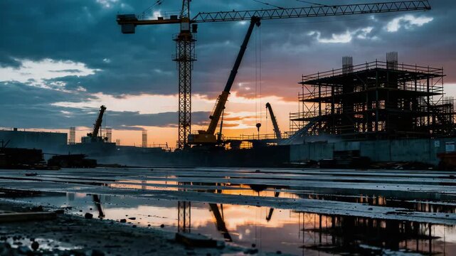 Sunset construction site with towering cranes and dynamic building activity in urban development