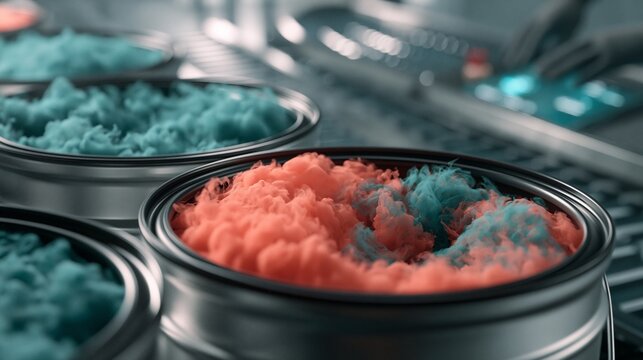 Closeup medium shot of industrial paint drums with vibrant teal and coral pigment clouds swirling inside highlighting gloved hands operating a digital control system blurred