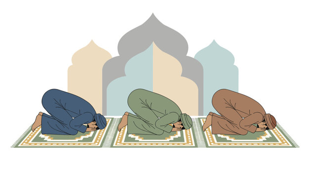 Three muslim men are shown in sujud prayer position on individual rugs inside a mosque setting with soft architectural silhouettes in the back.