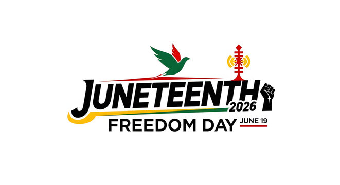Juneteenth Freedom Day celebration logo with raised fist and stars on yellow background