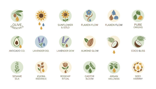 Natural oil product icons display various natural ingredients like olive and avocado with lavender and coconut icons in a clean circular layout.