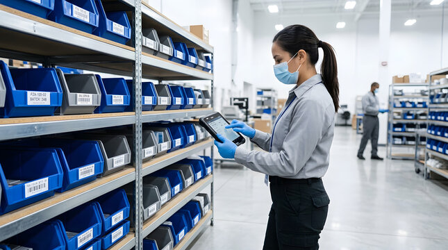 Female healthcare worker using digital tablet to check inventory in pharmaceutical warehouse