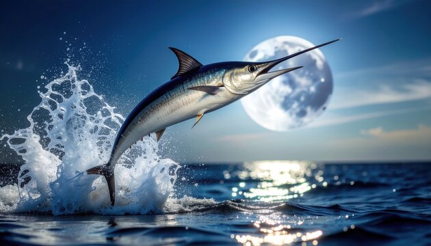 Majestic Marlin Leaps from Ocean Under Full Moon.