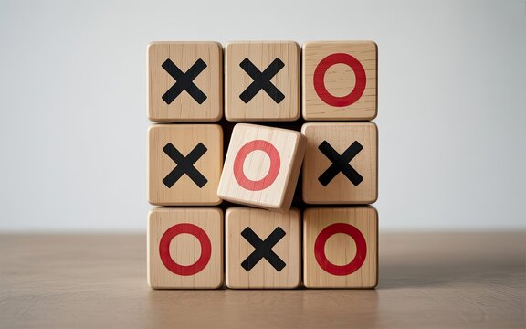 Wooden tic tac toe game blocks stacked with x and o symbols ready to play