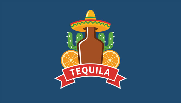 Tequila brand logo displays a brown bottle wearing a yellow sombrero surrounded by cacti and orange slices with a bold red title banner below.