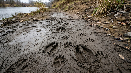Obraz premium Multiple Animal Tracks Pressed Into Wet Muddy Ground Along a Water's Edge, Revealing Nature's Story