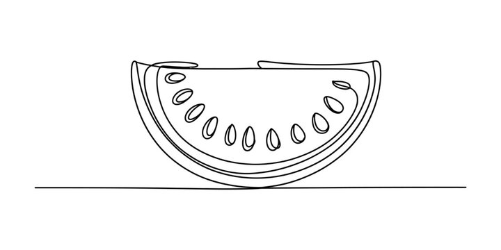 Simple continuous line drawing of a slice of watermelon with seeds