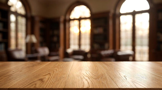 Empty Dark Wood Table Surface with Blurred Classic Luxury Library Interior Background for Premium Product Mockup