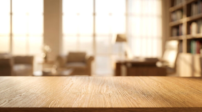 Empty Wood Table Surface with Blurred Home Library Study Room Background for Education and Book Product Mockup