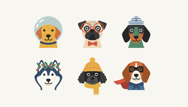Collection of six cute dog face icons in fun costumes like an astronaut, sailor, superhero, and nerd with red glasses.