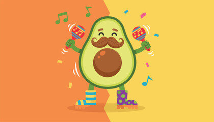 Naklejka premium Fun avocado character wearing colorful socks and playing maracas in a festive celebration with music notes and confetti.