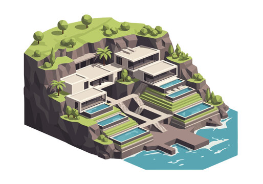 Modern cliffside mansion with infinity pools.