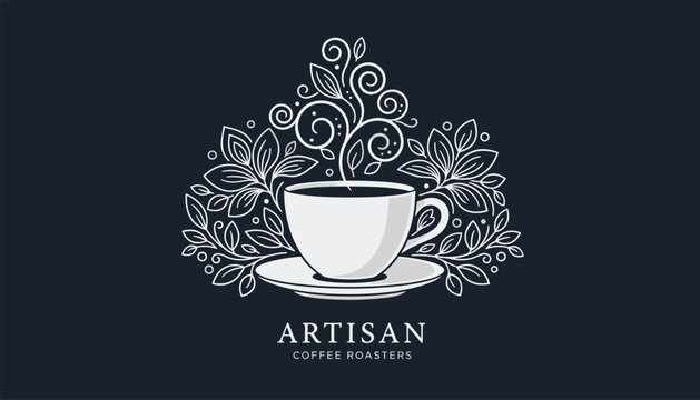 Artisan coffee roasters logo featuring a white steaming coffee cup on a saucer surrounded by elegant leaf decorations.