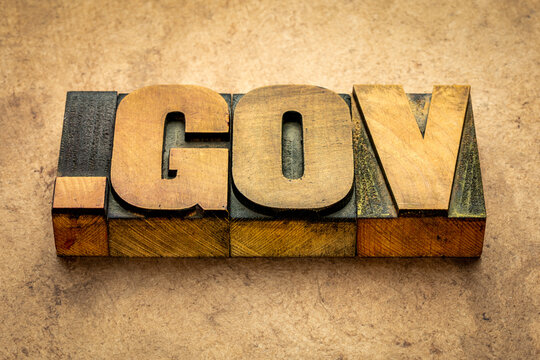 government - dot gov internet domain  - network address  for government- text in vintage letterpress wood type against grunge handmade paper