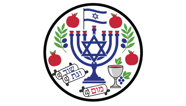 Jewish cultural symbols set featuring a menorah israeli flag pomegranates wine and scrolls on a white background.