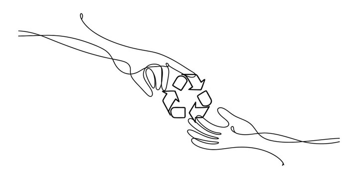 Two hands reaching for recycling symbol, one hand passing it to another, single line drawing
