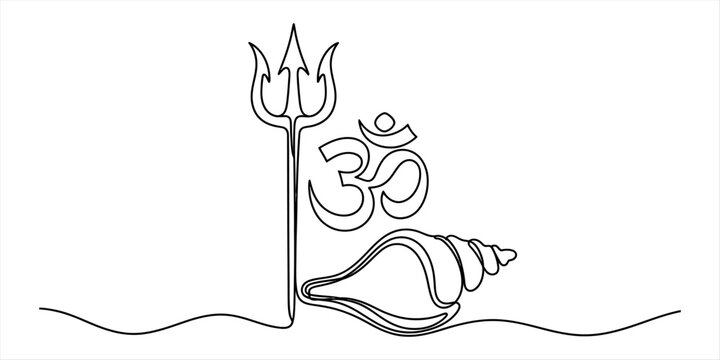 Hindu religious symbols om, trident, and conch shell in continuous line drawing style