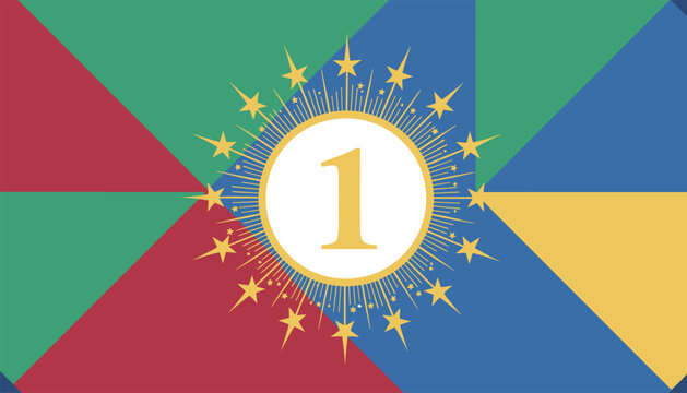 Number one champion symbol in a golden sunburst frame on a geometric background with colorful triangles and stars.