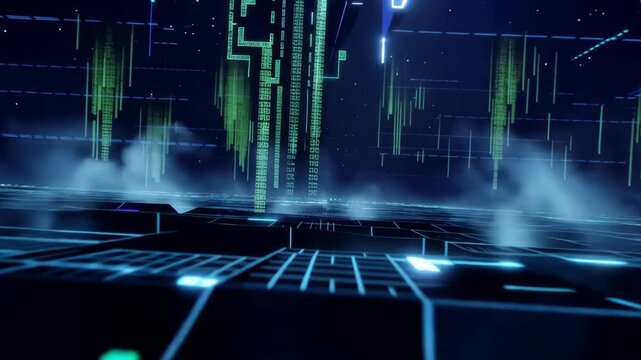 Futuristic cyber landscape with glowing green code streams over dark digital grid and mysterious glowing circuits