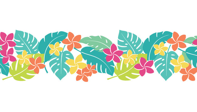 Long horizontal border design with vibrant tropical hibiscus flowers and exotic green monstera leaves on white.