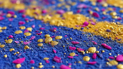 Obraz premium Close-up of bright blue and golden powder particles with small colorful grain fragments