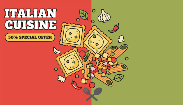 Italian cuisine special offer banner features various pasta types like ravioli and penne with fresh ingredients on a vibrant red and green background.