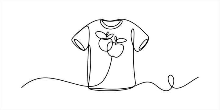 Single line drawing of a t-shirt with apples on the front, minimalist design