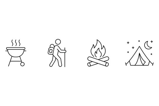 Camping and park recreation line elements including barbecue grill hiking bonfire and tent icon set.