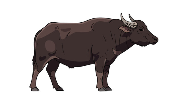 Domestic Asian Water Buffalo Standing Side View Illustration Isolated on White Background