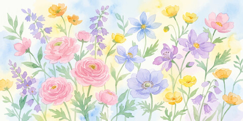 Fototapeta premium Watercolor Floral Background with Pink Roses, Purple Wildflowers, Yellow Buttercup Flowers and Pastel Botanical Garden Illustration