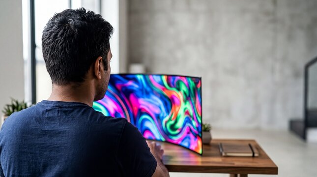 Indian Man Observing Glowing Flexible AMOLED Panel in Studio for Tech Website Hero Banner