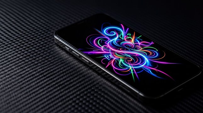 Premium Smartphone AMOLED Screen Displaying Vibrant Neon Graphic on Carbon Fiber for Tech Banner