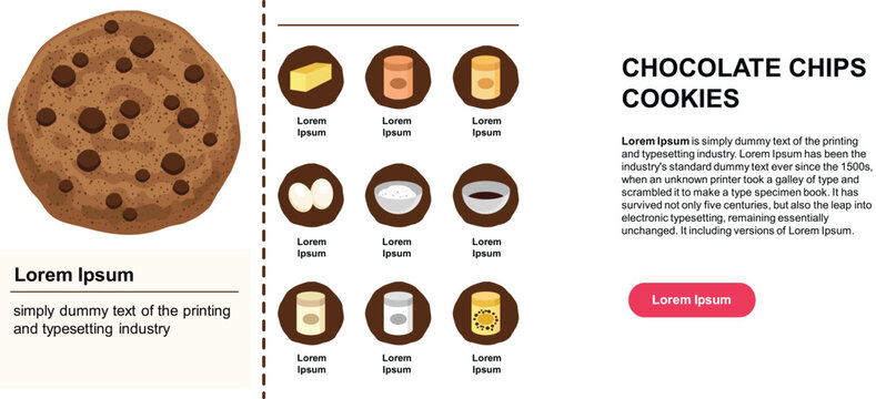 Chocolate chip cookies infographic banner template with baking ingredients icons and customizable text layout