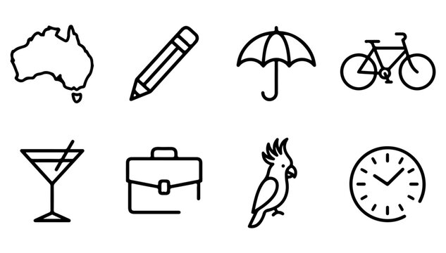 Collection of simple black line icons representing travel destinations objects and concepts on a white background