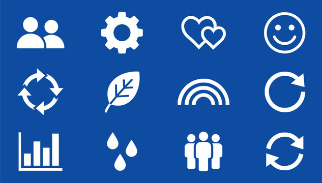 Collection of white flat icons representing people settings love happiness recycling nature data and weather on a blue background