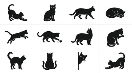 Fototapeta premium Black Silhouette Cats Various Dynamic Poses.