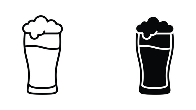 Standard pint beer glass vector icon set with foam in outline and solid black for pub menu design
