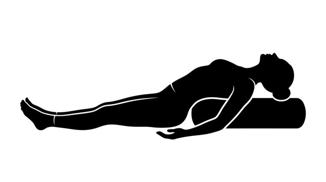 Black silhouette of a female yoga practitioner performing a restorative supported fish pose, Salamba Matsyasana, using a bolster for chest opening and back support on a white background.