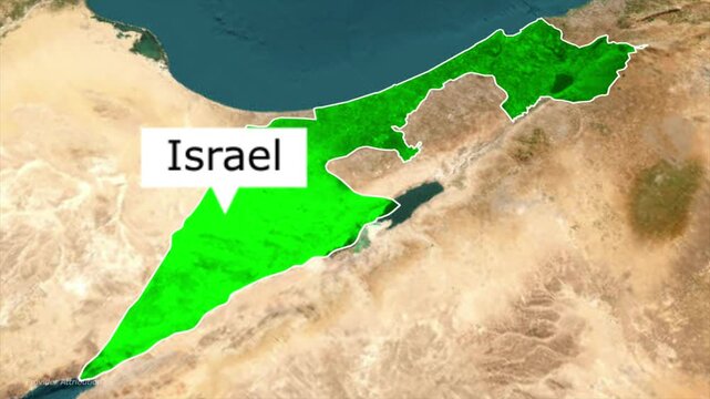 Israel map zoom animation with flickering green country highlight and white location pin label on textured background