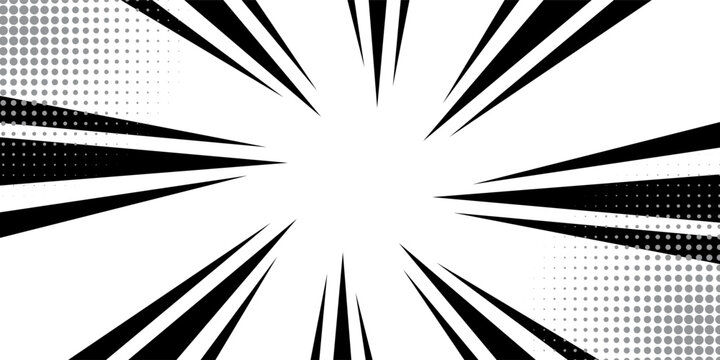 Comic book black and white radial lines background. Manga speed frame. Super hero action. Vector illustration.