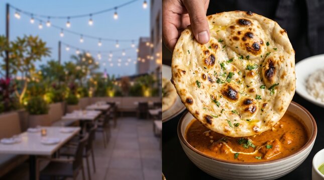 A splitscreen view of an elegant outdoor restaurant patio and a closeup of naan bread being dipped into a bowl of creamy indian curry