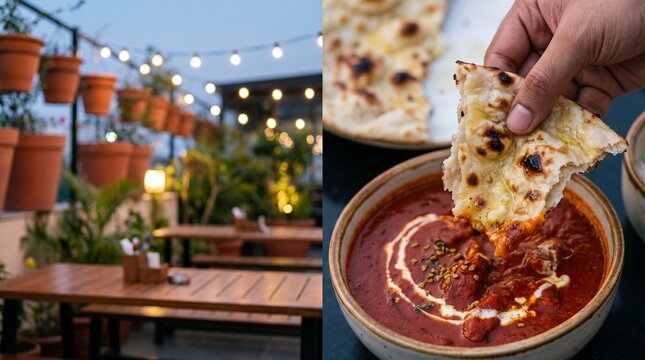 A splitscreen view of a cozy rooftop restaurant and a delicious indian meal with butter naan and curry