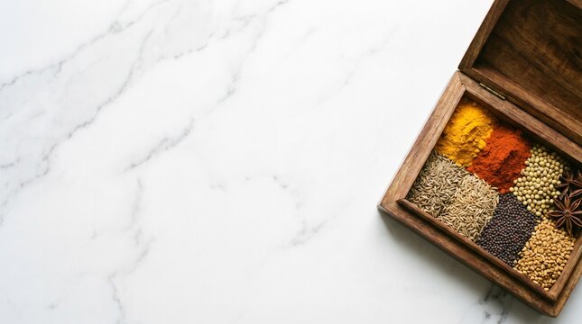Top view of a wooden spice box filled with various colorful indian spices on a white marble background