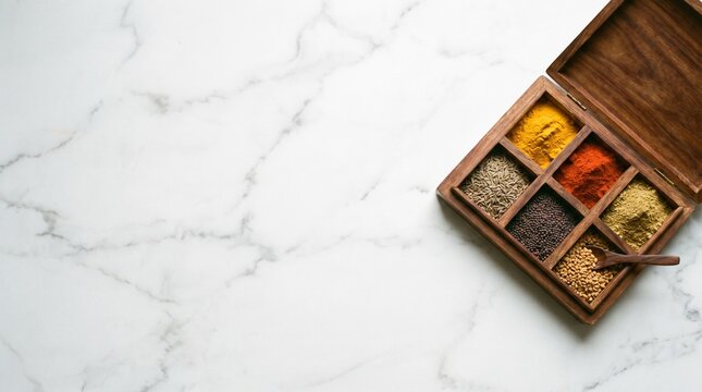 Top view of a wooden spice box with various indian spices on a white marble background