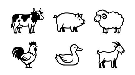 Fototapeta premium Farm animals are illustrated in a simple black line drawing style