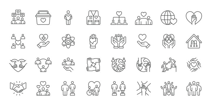 Social Impact, icons in line design. Social, impact, community, charity, help, support, volunteer on white background vector. Social Impact editable stroke icons
