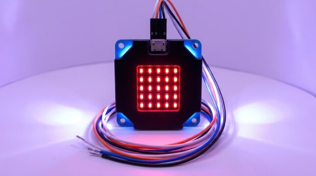 Closeup of a square led matrix display module with red lights and blue corner leds