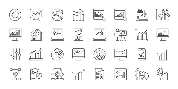 Charts and diagrams, icons in line design. Chart, diagram, graph, data, analytics, report, presentation on white background vector. Charts and diagrams editable stroke icons