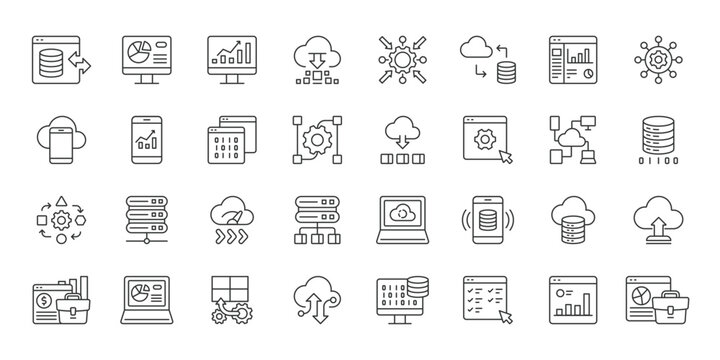 SaaS, icons in line design. SaaS, software, service, cloud, computing, application, online on white background vector. SaaS editable stroke icons